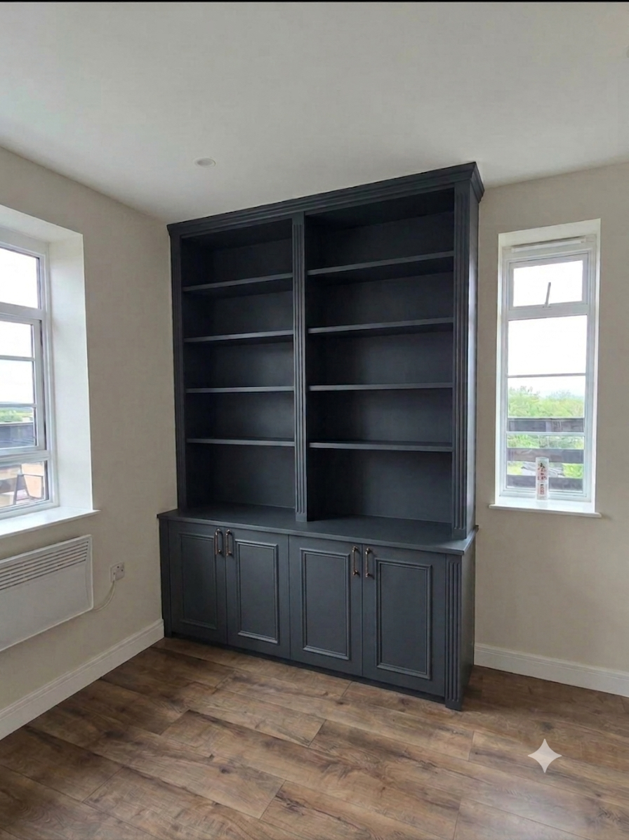 A dark gray bookshelf with cabinets at the bottom, situated between two windows in a room with wood flooring and white walls.
