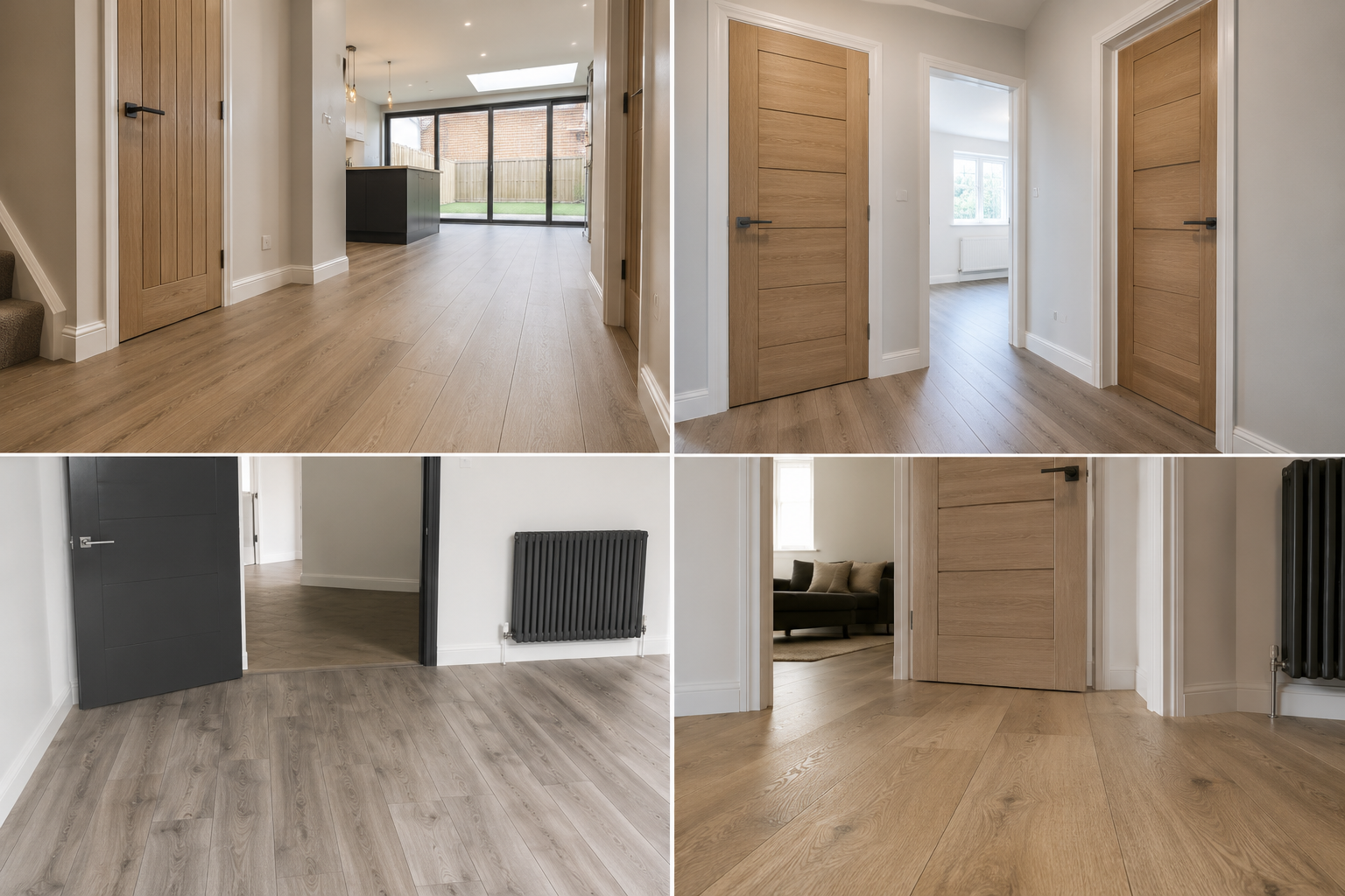 Collage of four interior images of a modern home's hallway and living area, featuring wooden doors, light-colored flooring, a radiator, and natural light from windows.
