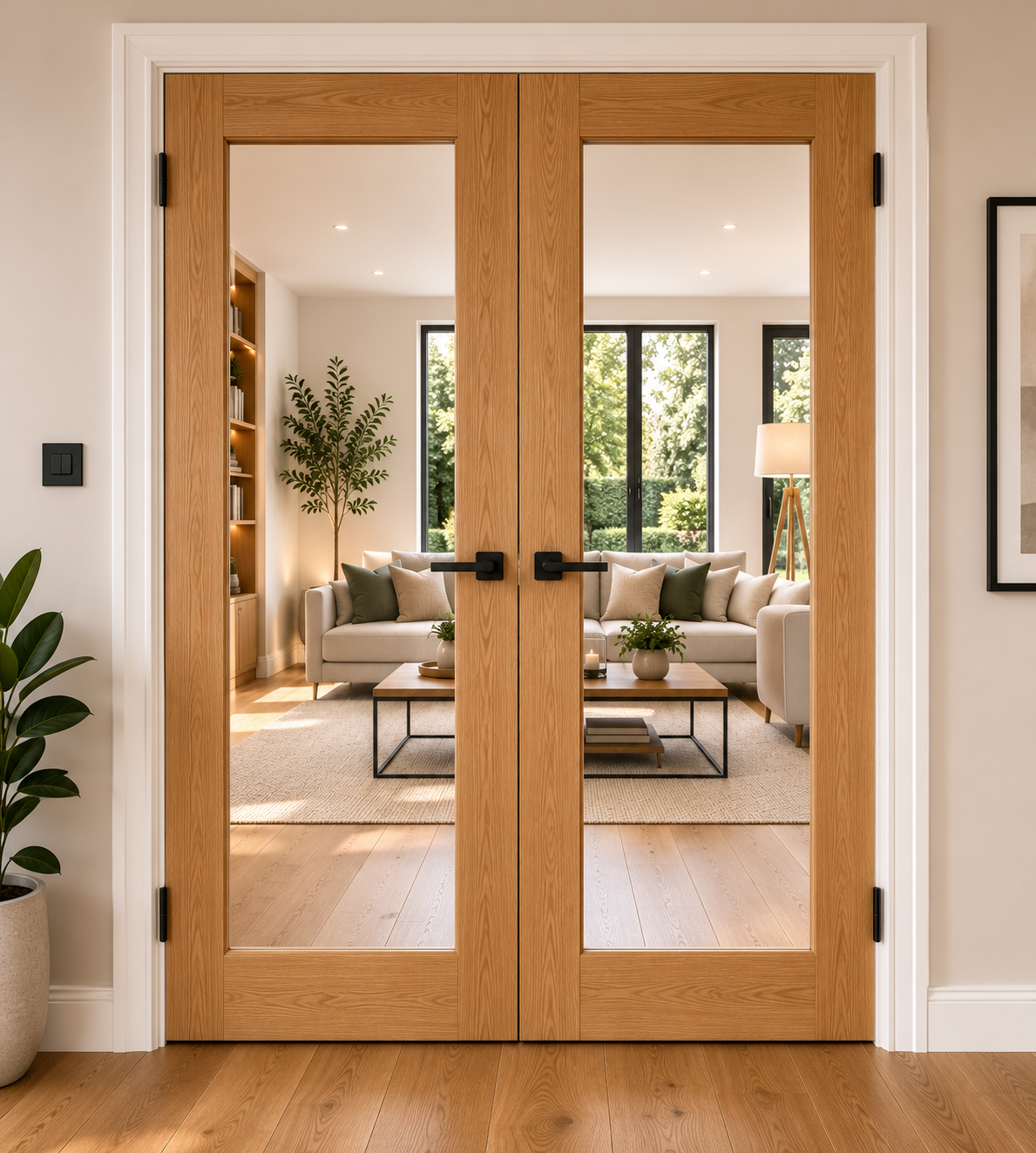 View through wooden double doors into a bright living room with large windows, white sofa, green and beige pillows, coffee table with plants and books, potted plant on left, and lamp with tripod stand on right.