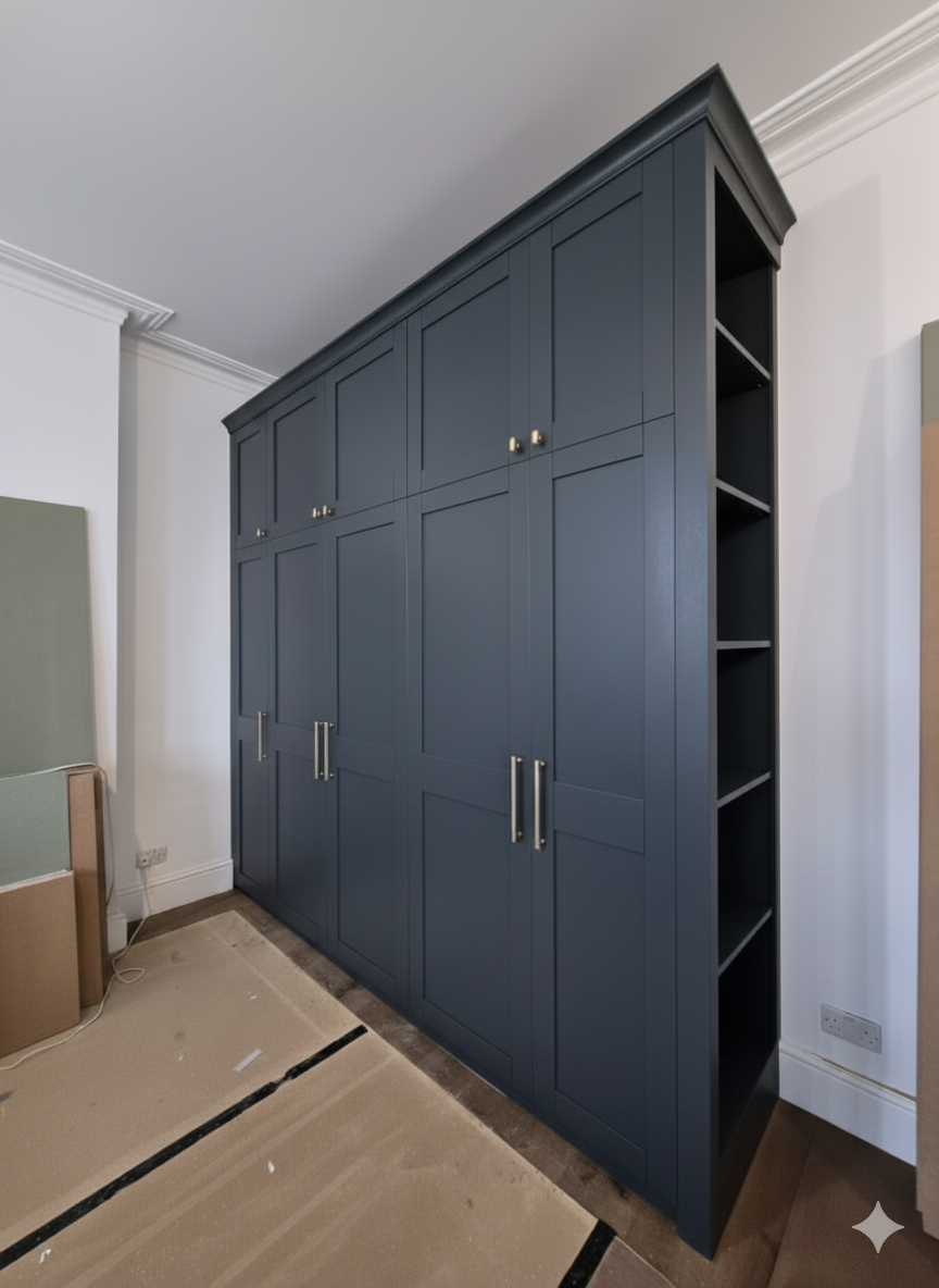 A large navy blue built-in wardrobe with multiple cabinet doors and silver handles, located in a room with white walls and crown molding.