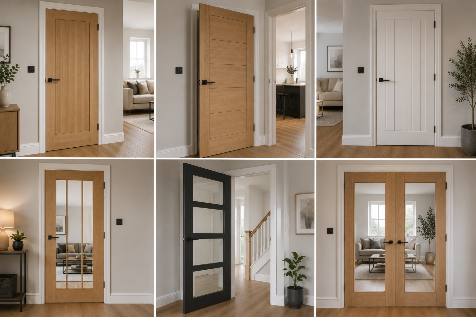 Six different interior door designs in a modern home with wooden and black finishes, featuring various styles including paneled, slatted, glass-paneled, double doors, and a barn-style sliding door, all set in a white room with hardwood floors and minimal decor.