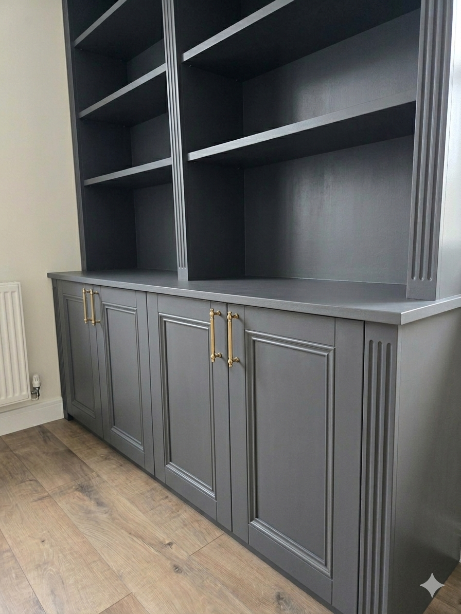 Gray wooden cabinet with closed paneled doors and gold handles, situated next to a white radiator on a wooden floor.