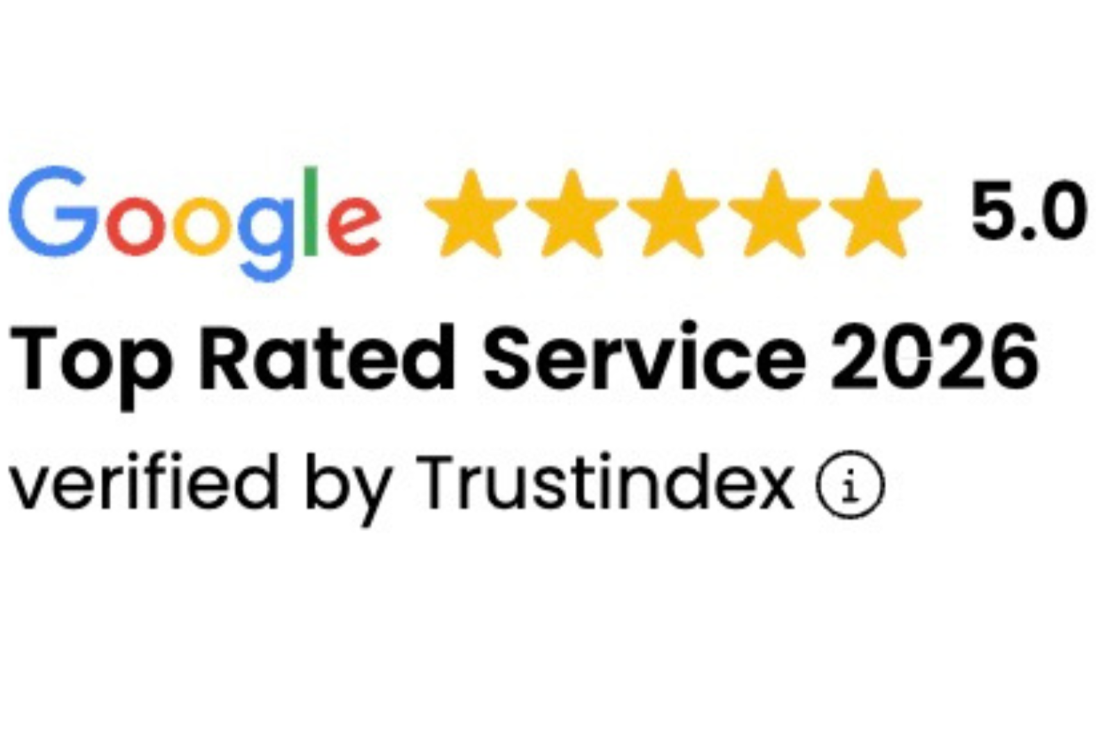 Google five-star rating with a 5.0 score, indicating top-rated service in 2026, verified by Trustindex.