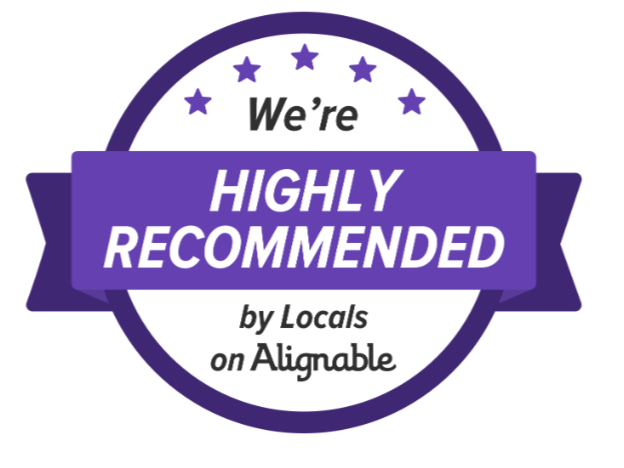Badge with purple and white colors reading "We're Highly Recommended by Locals on Alignable" with stars at the top.