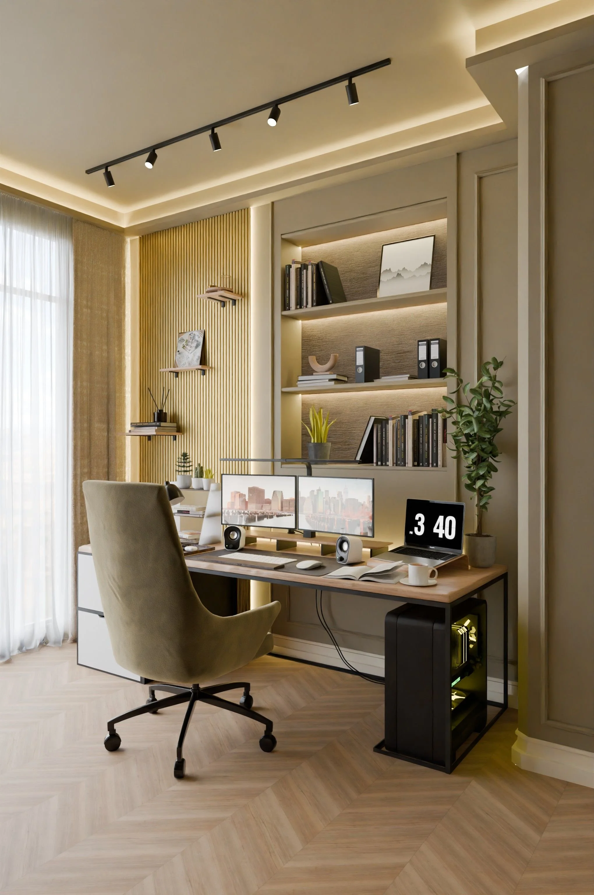 A modern home office with a wooden desk, dual monitors displaying a cityscape, beige office chair, desktop computer tower, and decorative plants. The room features built-in bookshelves with books and artwork, large windows with sheer curtains, and warm lighting.