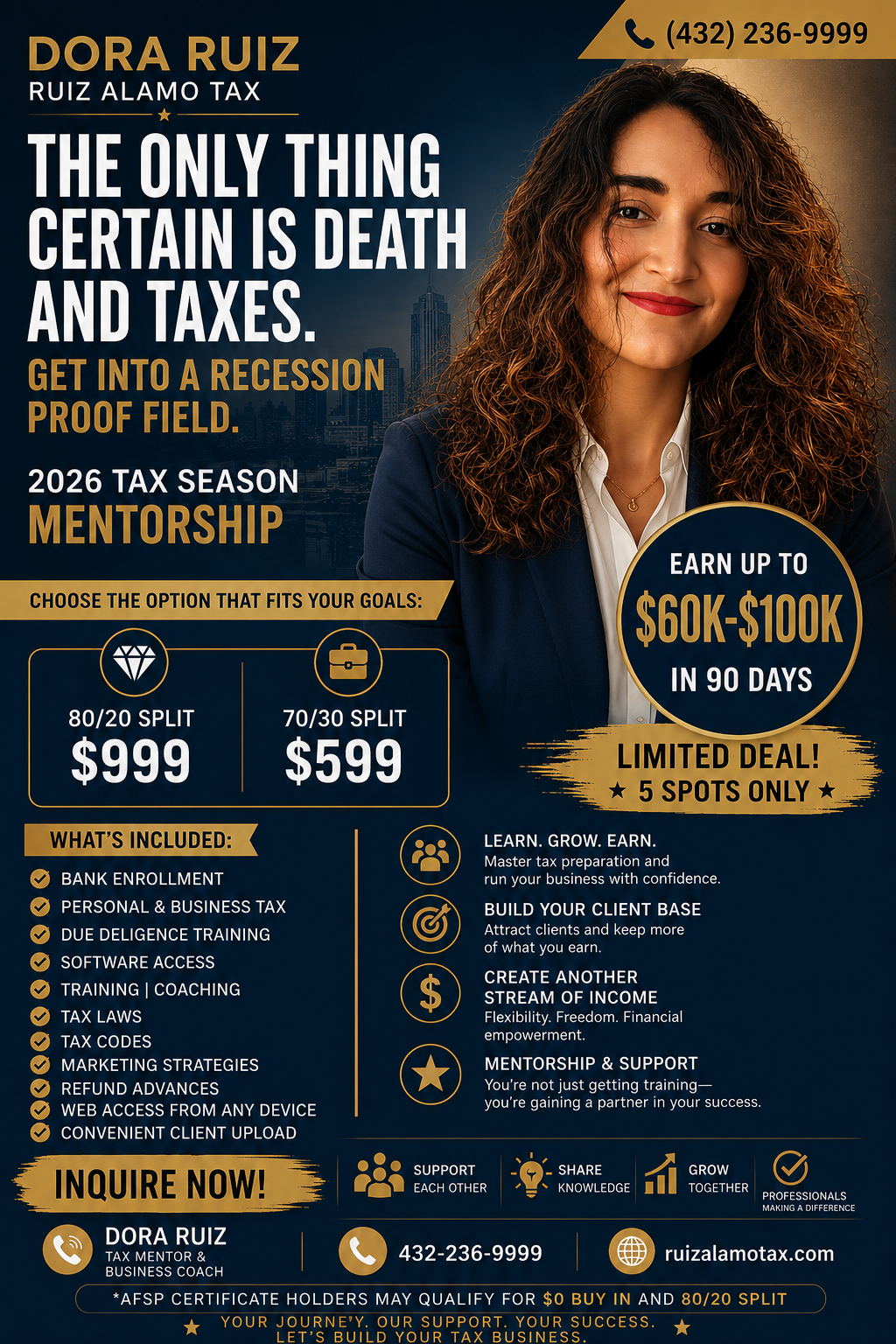 Business advertisement for Dora Ruiz, Ruiz Alamo Tax, offering tax preparation services and mentorship programs for the 2026 tax season. Features a photo of a smiling woman with curly hair, contact information, pricing options, and details about services provided.