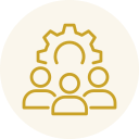 Icon of a gear with three people figures inside, representing teamwork or collaboration