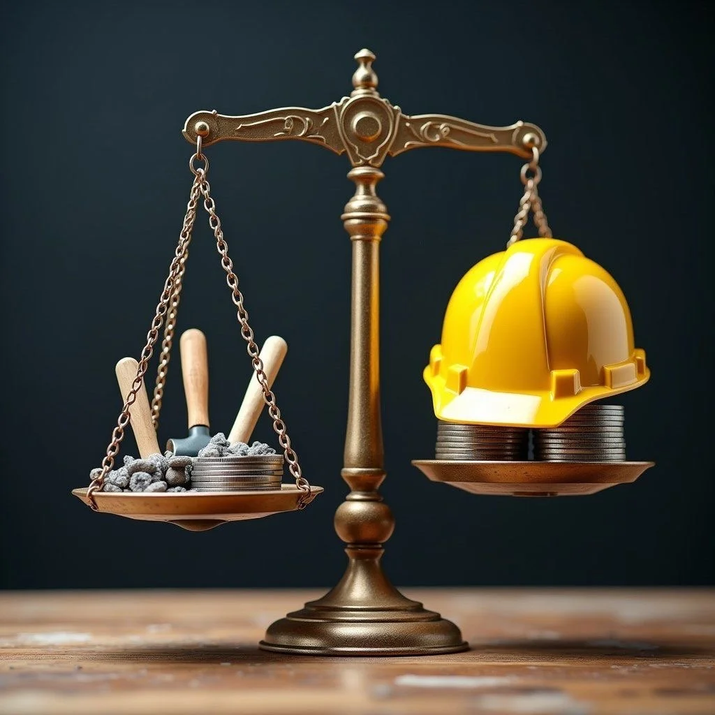 A balance scale with construction tools and materials on one side, and coins, a yellow hard hat, and coins on the other side.