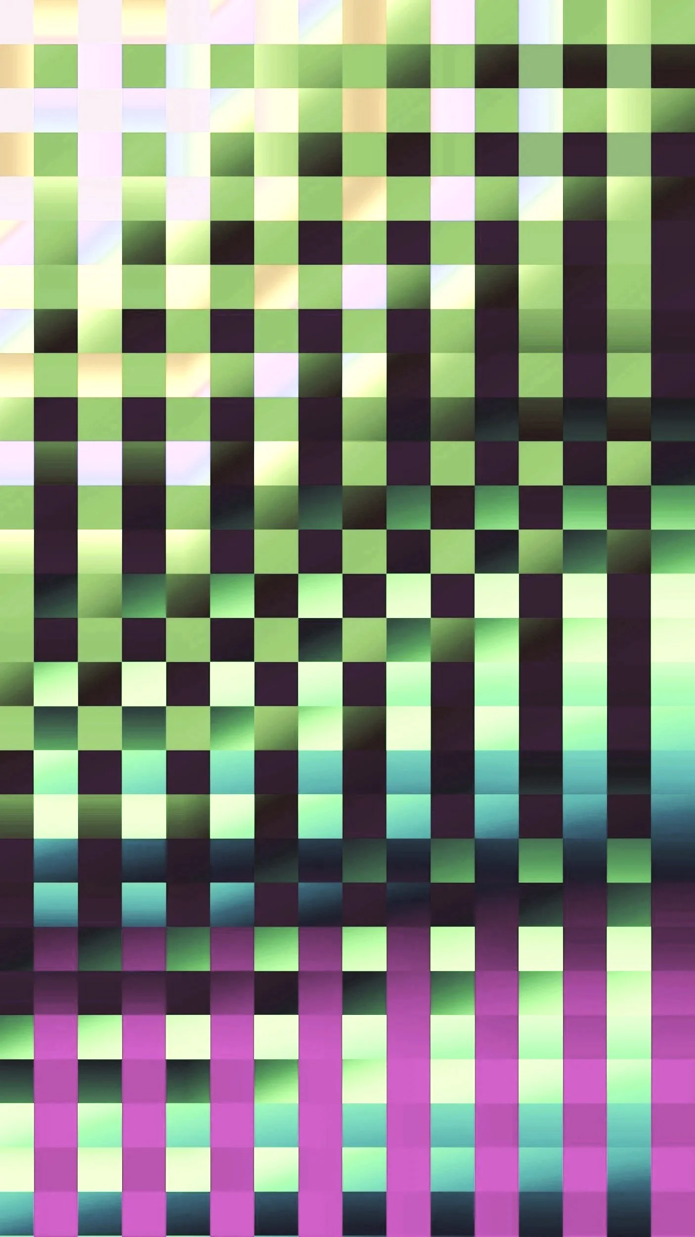 An abstract pattern of evenly spaced squares in a pixelated style with green, black, purple, and blue colors.