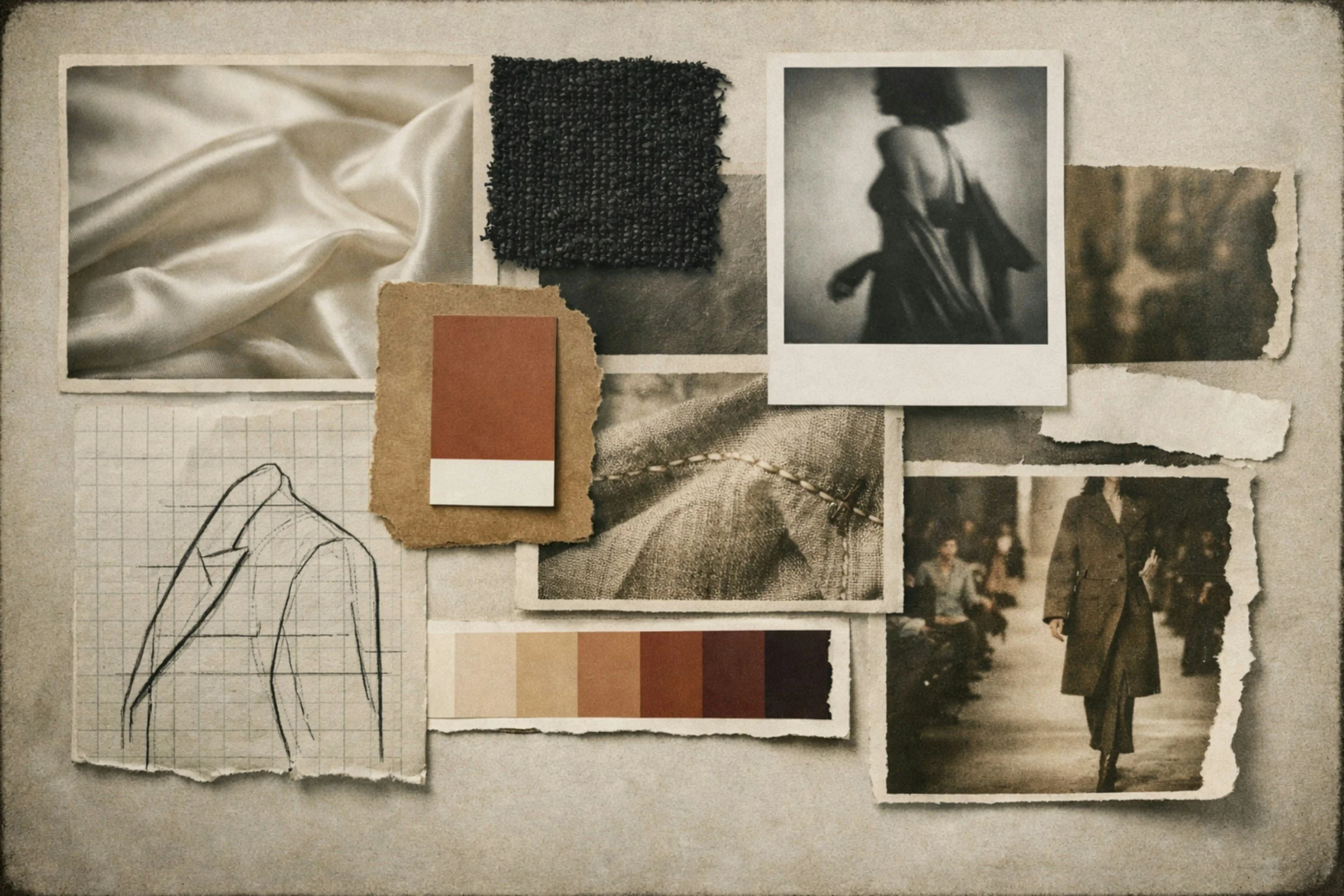 A collage of various textured materials and black-and-white photographs on a beige background, including fabric, paper, a textured swatch, sketches, and images of a woman and a person walking.