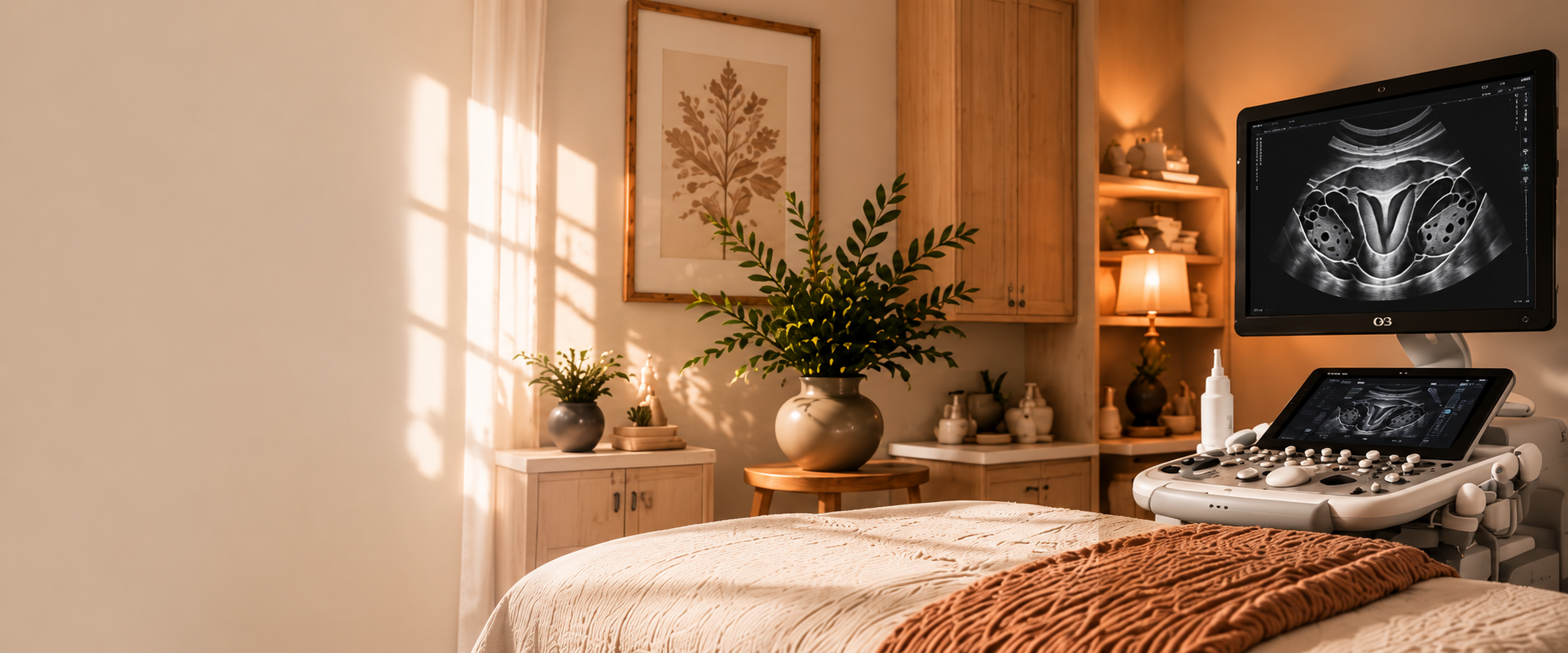 An ultrasound examination room with a bed, ultrasound machine, monitor displaying ultrasound images, and decorative plants and artwork.
