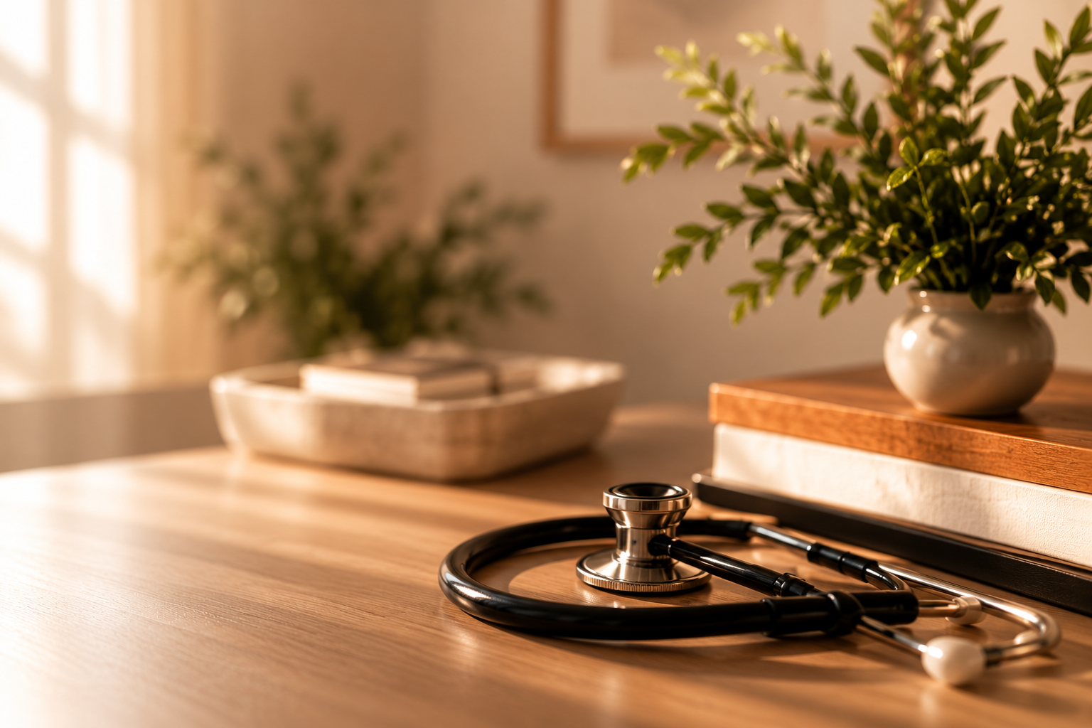 Stethoscope on a wooden desk with a plant in a white vase and a tray with books in the background.