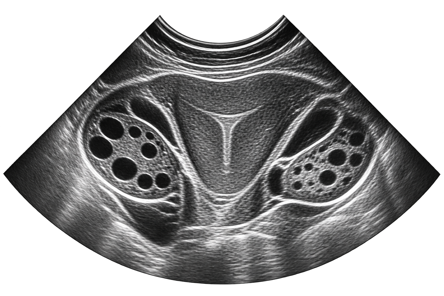 Ultrasound image of a human pelvis showing ovaries with multiple cysts.