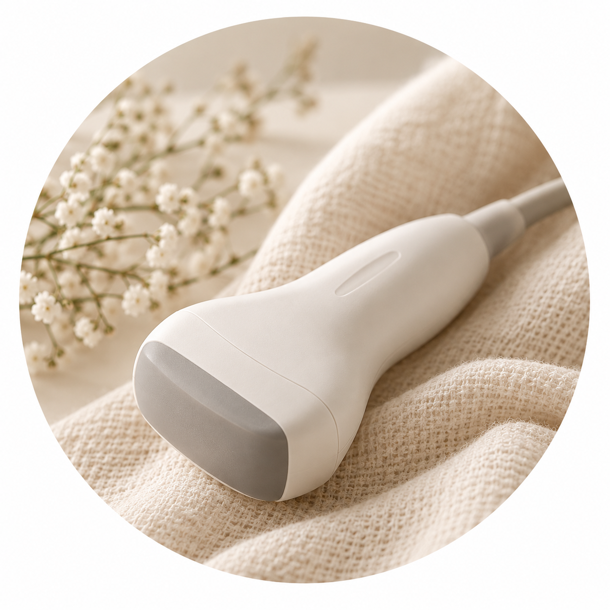 A white handheld ultrasound probe lying on a beige textured fabric with white flowers in the background.