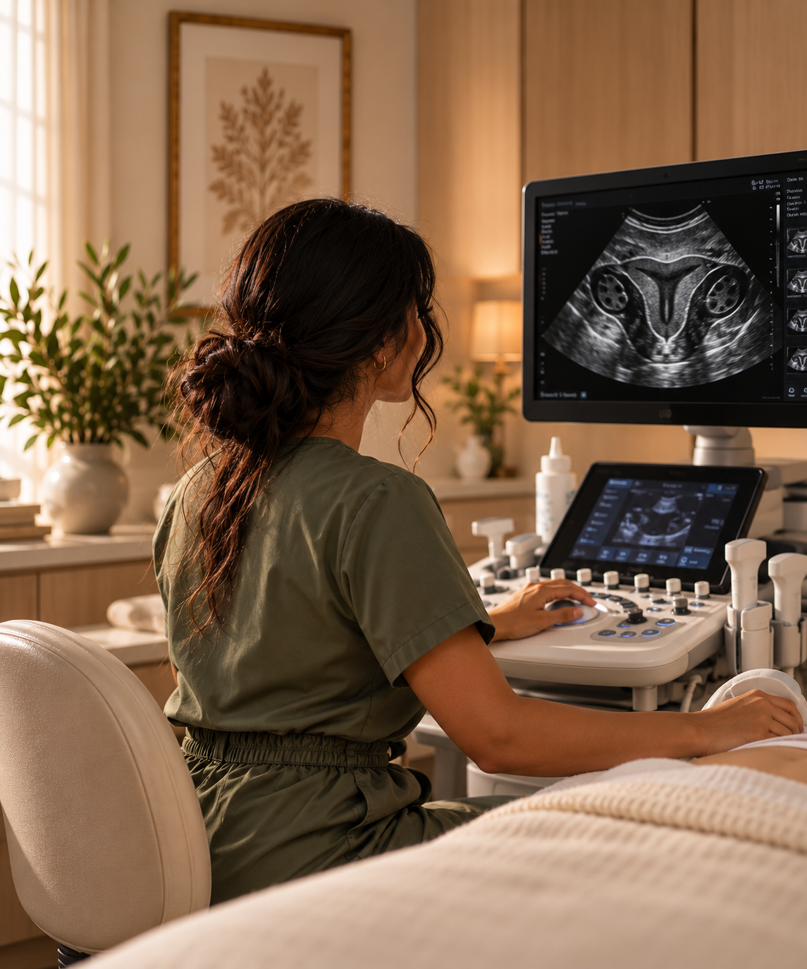 A healthcare professional performing an ultrasound of a woman's pelvic area in a warmly lit room with plants and artwork.