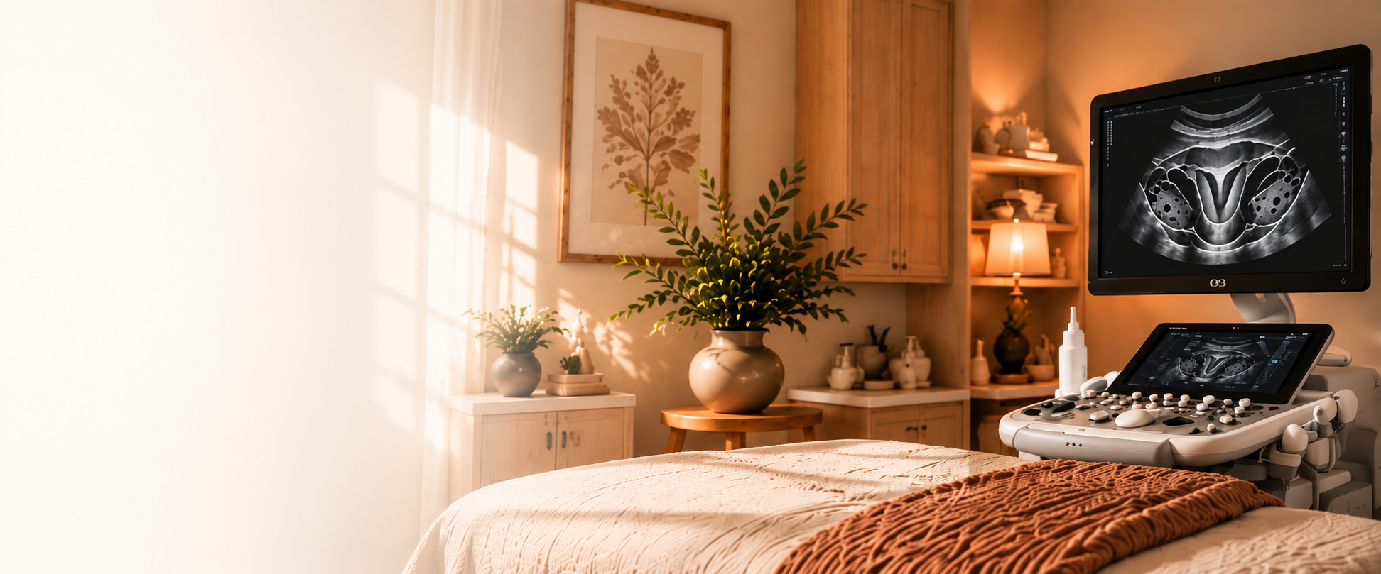 An ultrasound medical examination room with a bed, ultrasound equipment, and decorative plants and artwork.