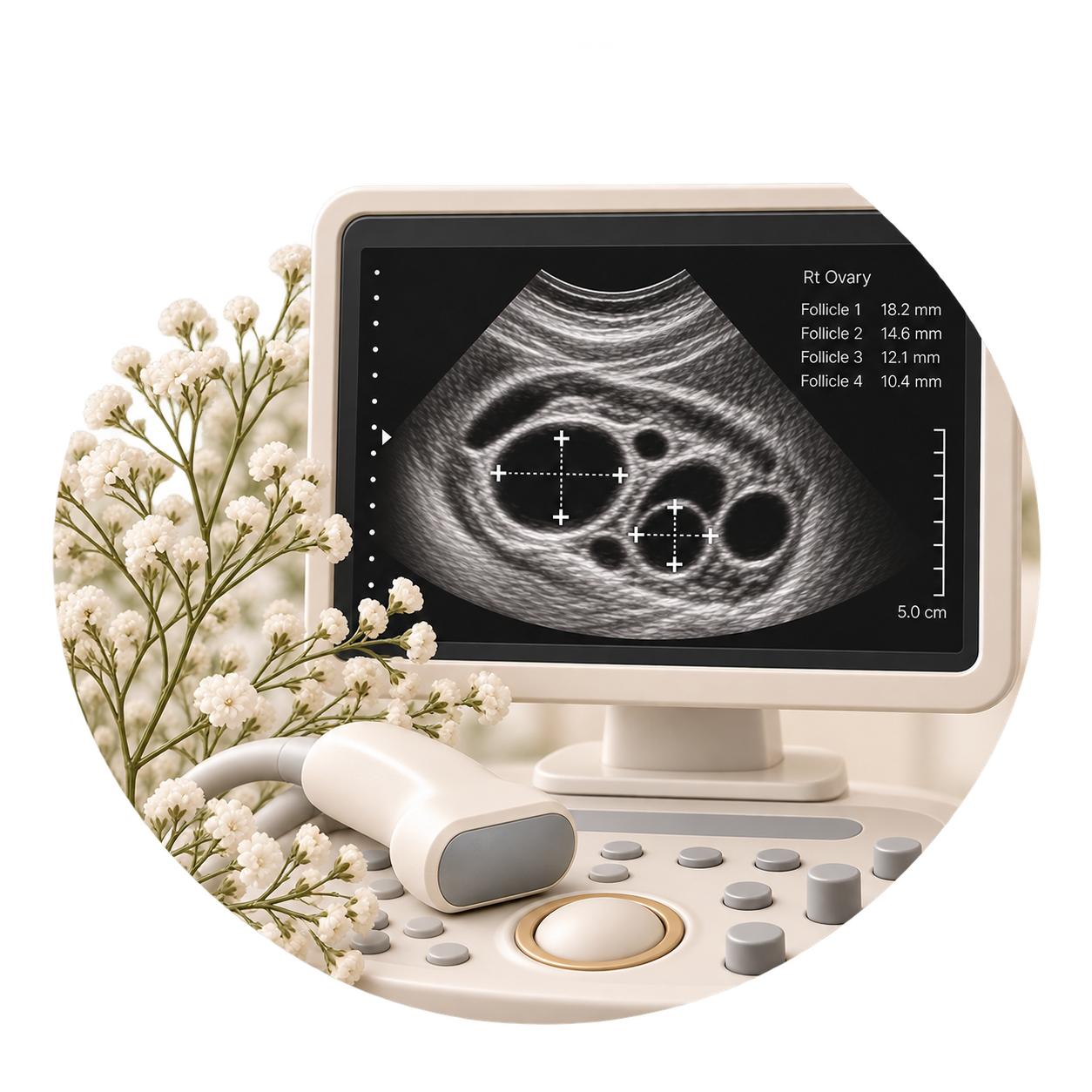 Ultrasound monitor displaying a black and white image of a pregnant uterus with developing follicles, accompanied by white flowers beside the ultrasound device.