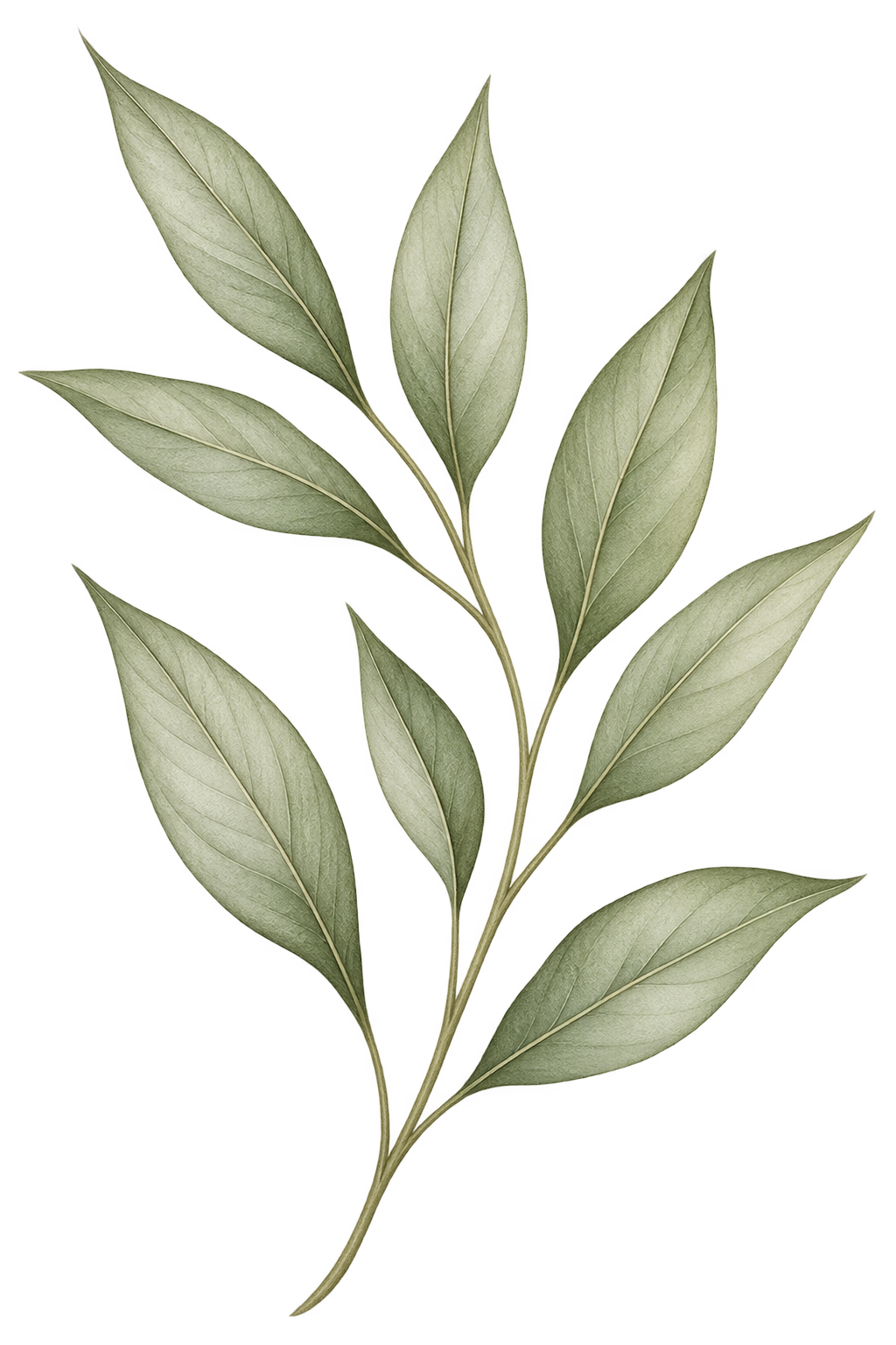 A sprig of green leaves with multiple elongated, pointed leaves branching off a single stem