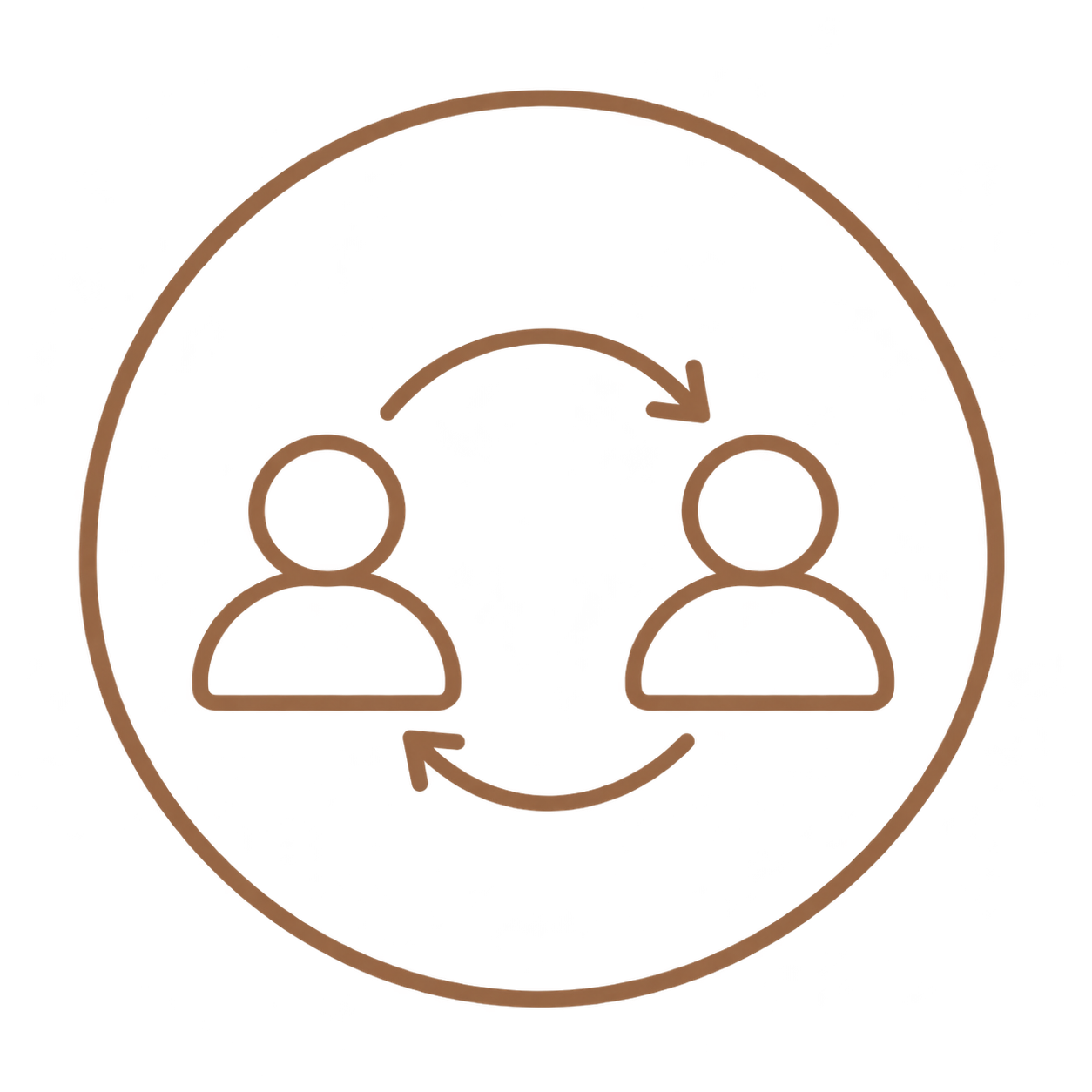 Icon of two people with arrows forming a circle around them, representing collaboration or teamwork.