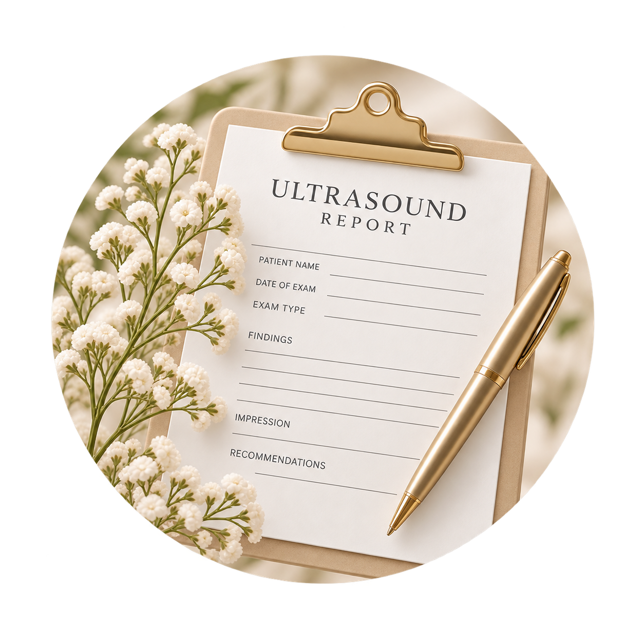 Ultrasound report on a clipboard with a gold pen and white flowers nearby.