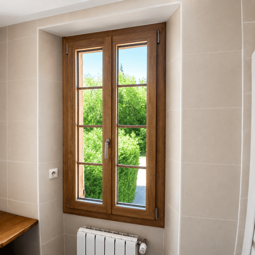 Fenêtre PVC à deux vantaux imitation bois oscillo-battante avec petits bois intégrés au double vitrage, réalisation Menuiserie Mellin à Montauroux
