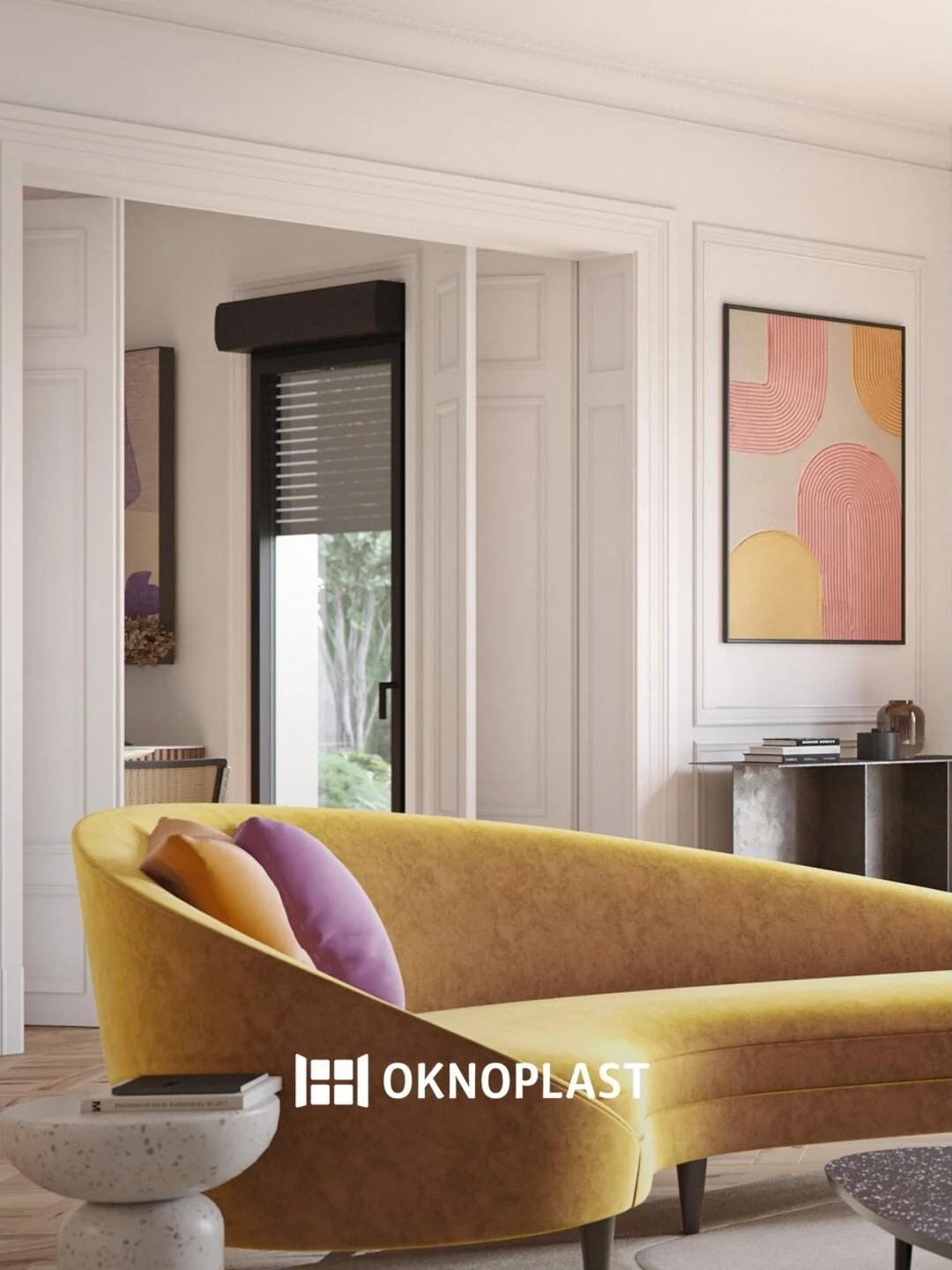 Porte-fenêtre PVC Oknoplast dans un salon chaleureux — fourniture et pose à Tourrettes et alentours