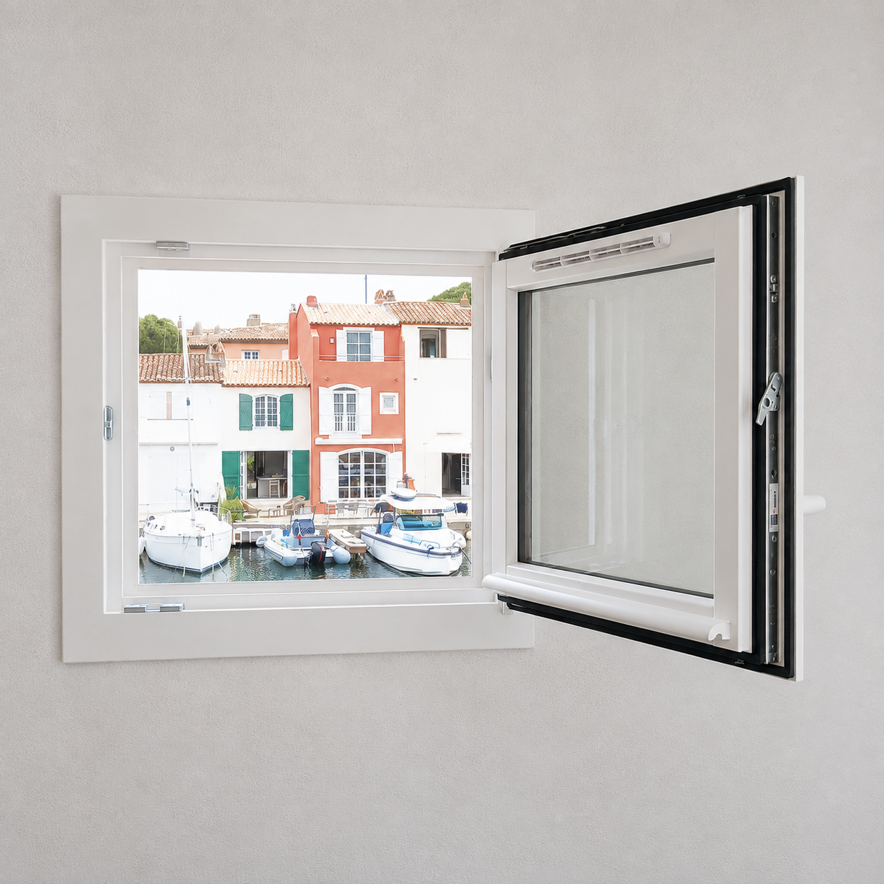 Fenêtre en bois laqué blanc, réalisation à Port-Grimaud