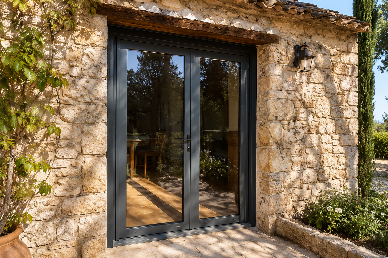 Porte-fenêtre en aluminium gris anthracite posée dans un mur en pierre sèche provençal