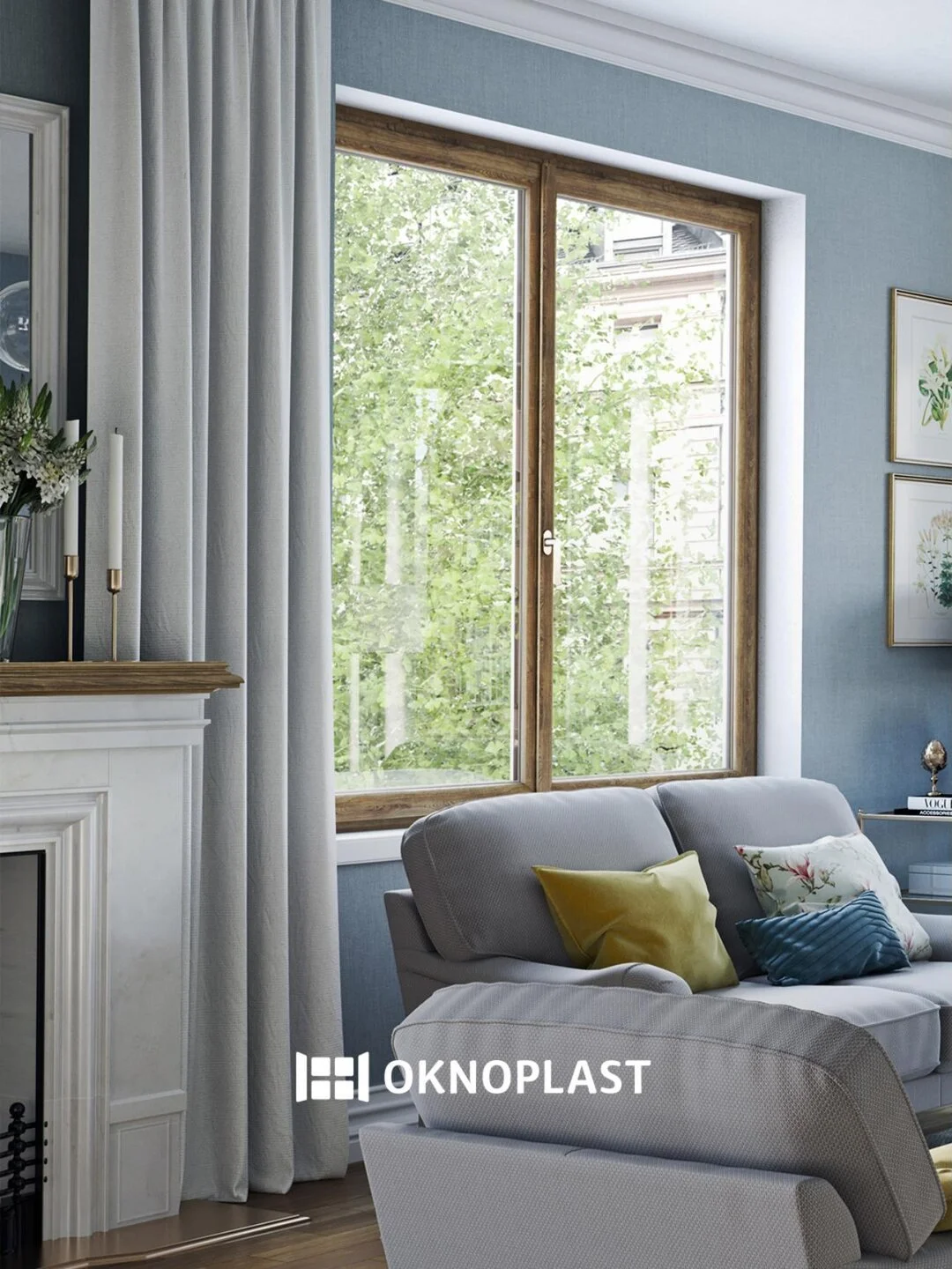 Fenêtre PVC ton bois Oknoplast Charme Mini dans un salon — fenêtres PVC dans le Pays de Fayence