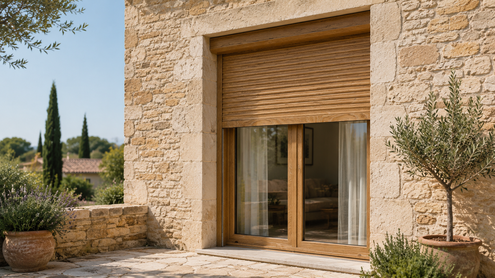 Volet roulant aspect bois posé sur une baie vitrée, façade en pierre provençale