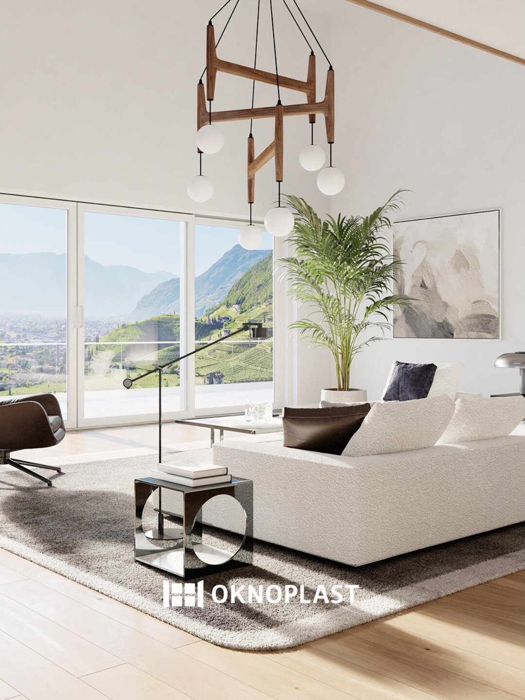 Grande baie coulissante PVC blanche Oknoplast dans un salon lumineux — coulissants sur mesure, Var