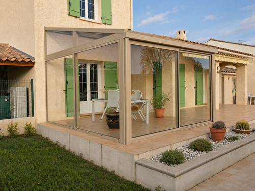 Porte-fenêtre en aluminium noir sur ouverture cintrée, réalisation Menuiserie Mellin dans le Pays de Fayence