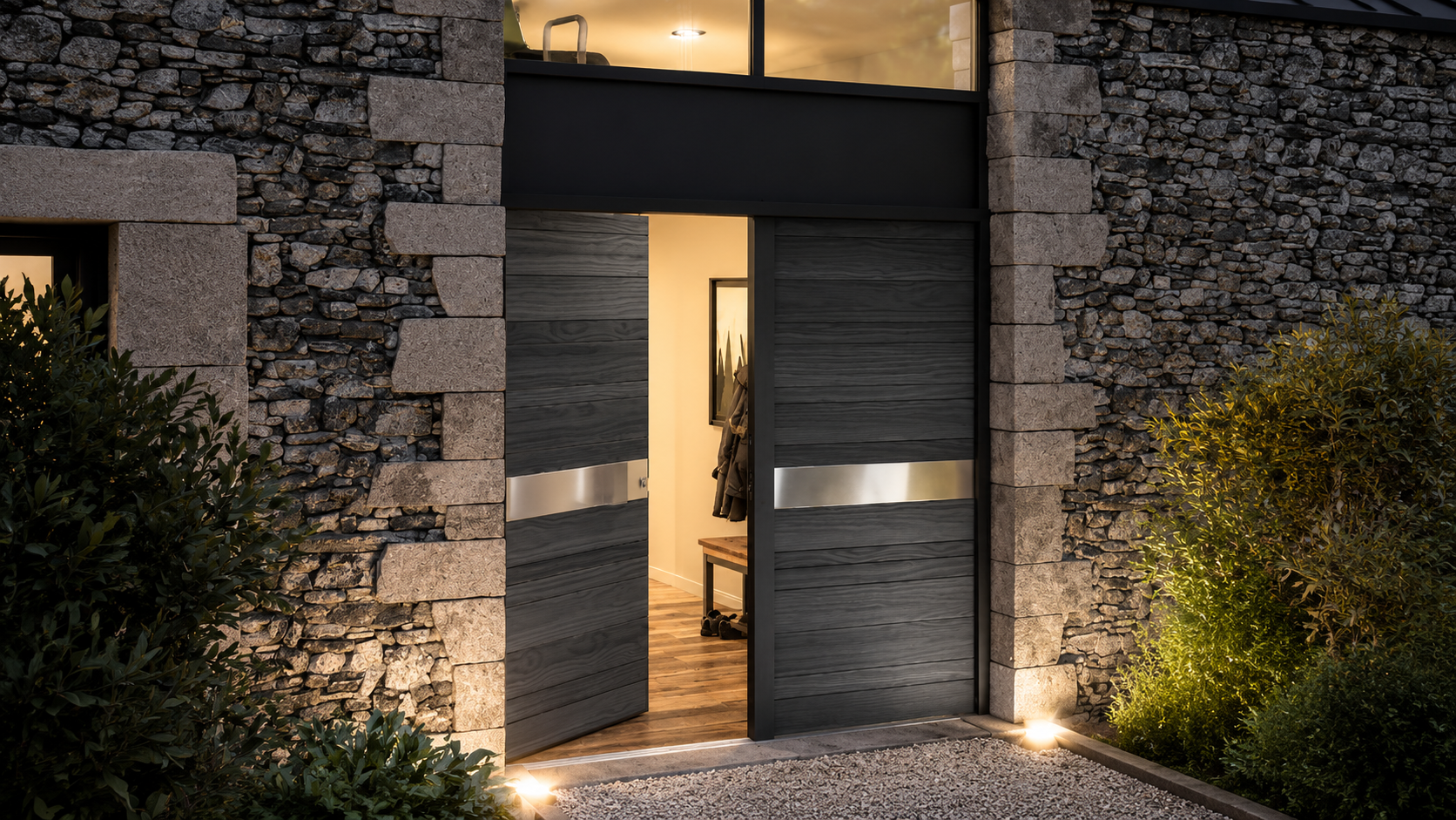 Porte d'entrée contemporaine noire à poignée pleine hauteur, éclairée en soirée sur une façade en pierre