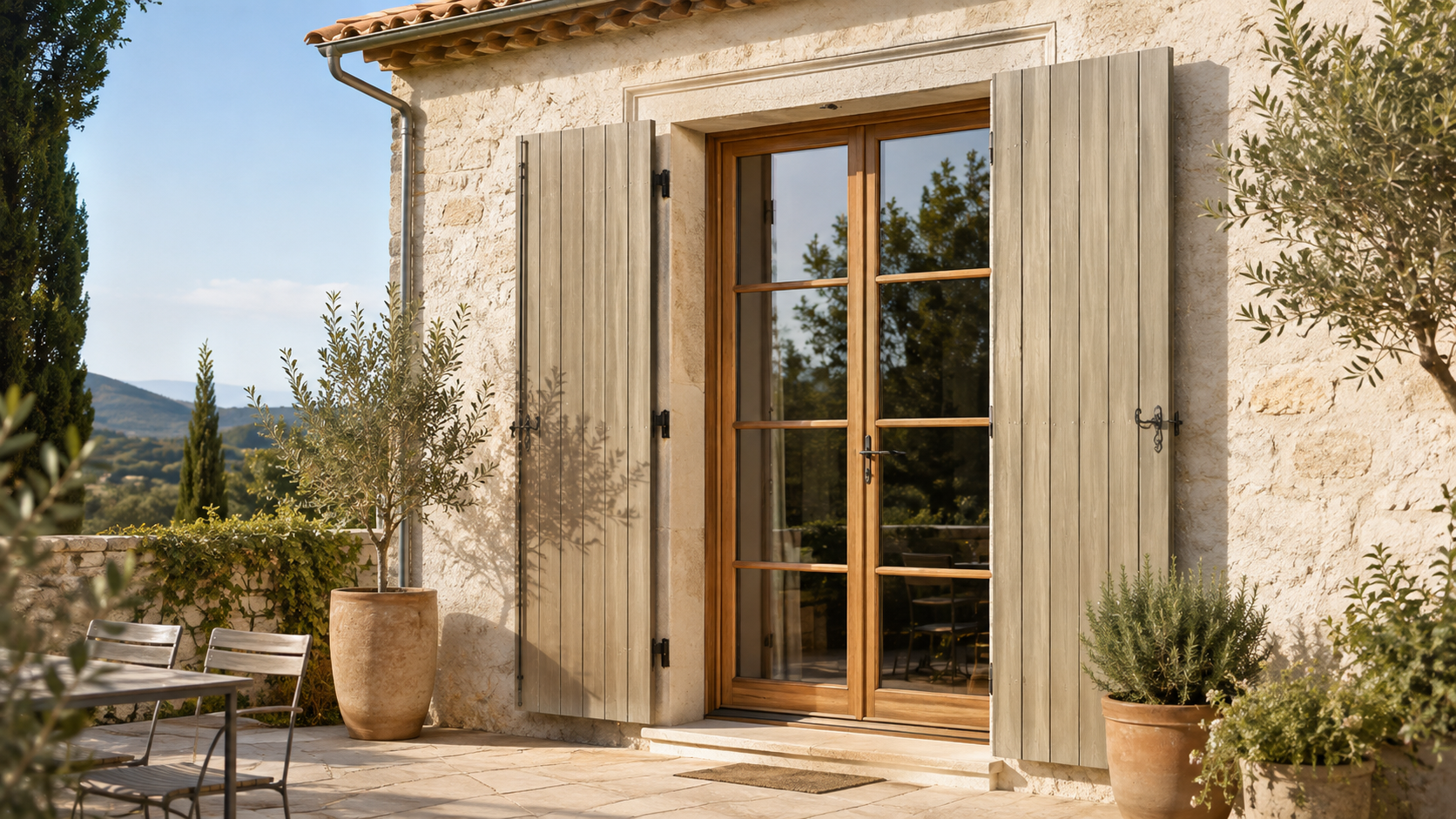 Porte-fenêtre en bois à petits bois ouvrant sur une terrasse en pierre
