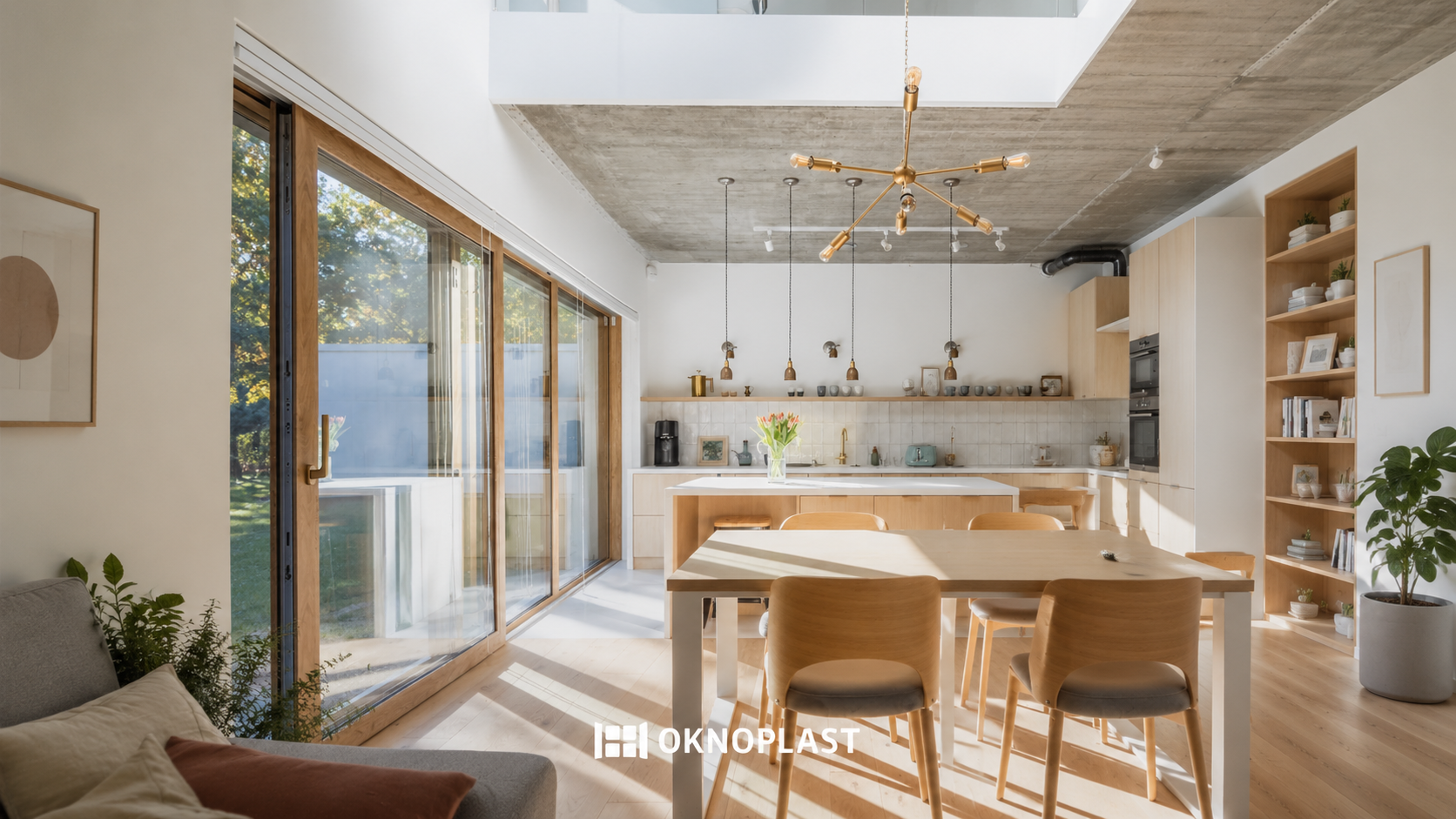 Cuisine ouverte prolongée par une grande baie coulissante en PVC imitation bois
