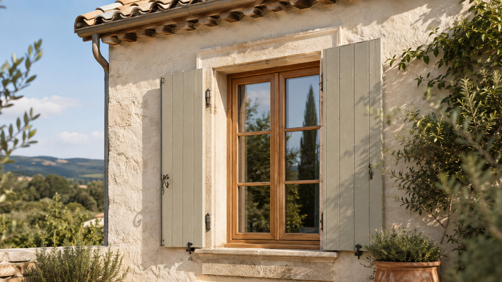 Fenêtre en bois et volets battants gris-vert sur la façade en pierre d'un mas provençal