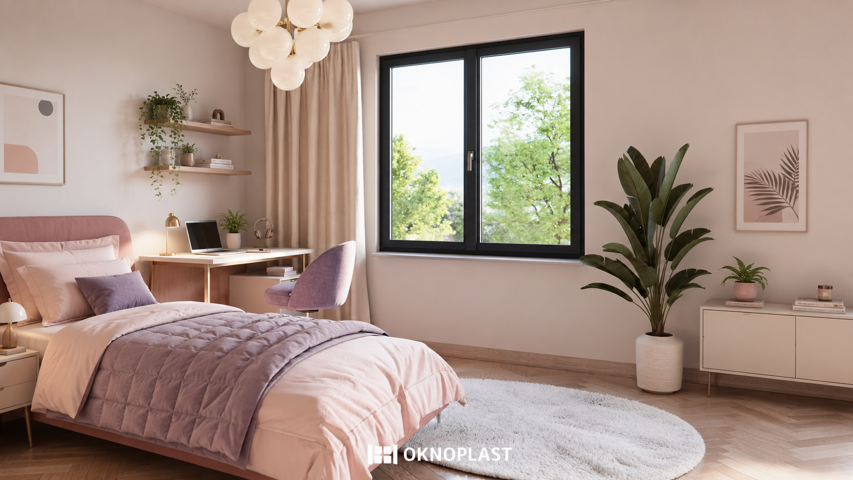 Chambre avec fenêtre PVC noire à deux vantaux ouvrant sur la végétation