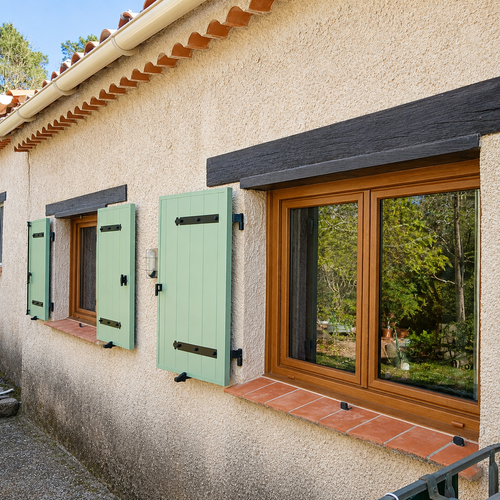 Fenêtre PVC imitation bois à deux vantaux, réalisation Menuiserie Mellin à Callian