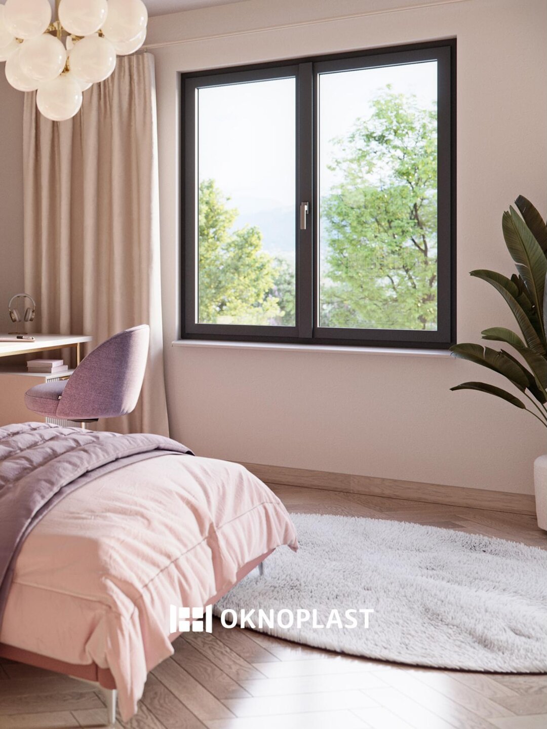 Fenêtre PVC anthracite Oknoplast dans une chambre — pose par Miroiterie Menuiserie Mellin, Pays de Fayence