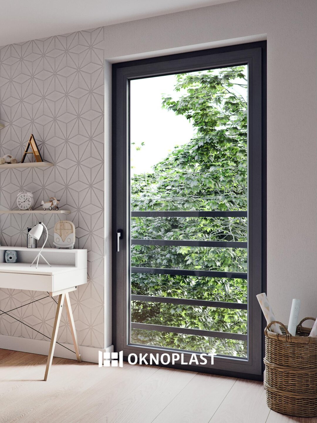 Porte-fenêtre PVC anthracite Oknoplast avec garde-corps — menuiserie PVC, Miroiterie Menuiserie Mellin