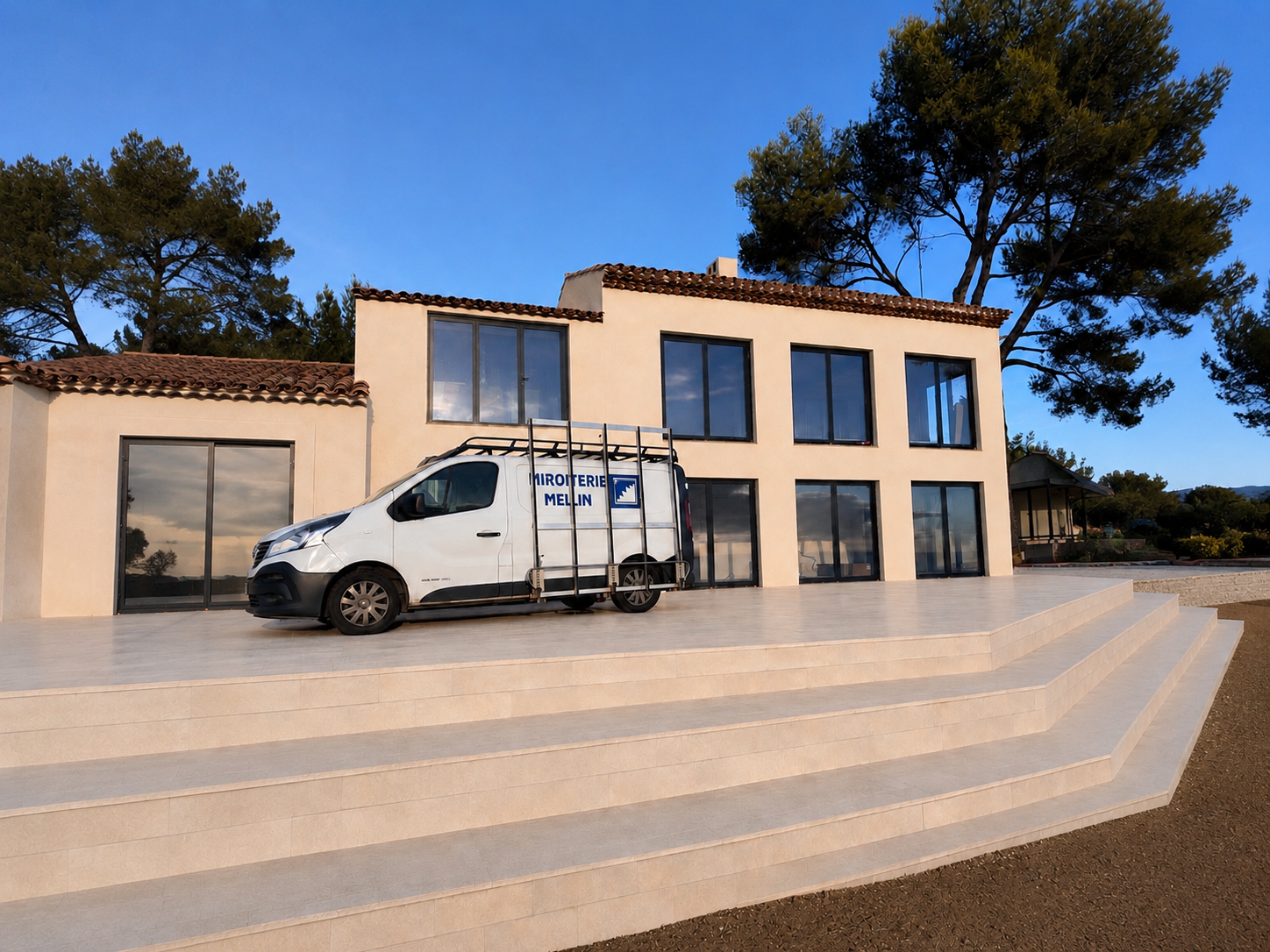 Villa contemporaine équipée de grandes fenêtres en aluminium noir, avec le camion de la Miroiterie Menuiserie Mellin