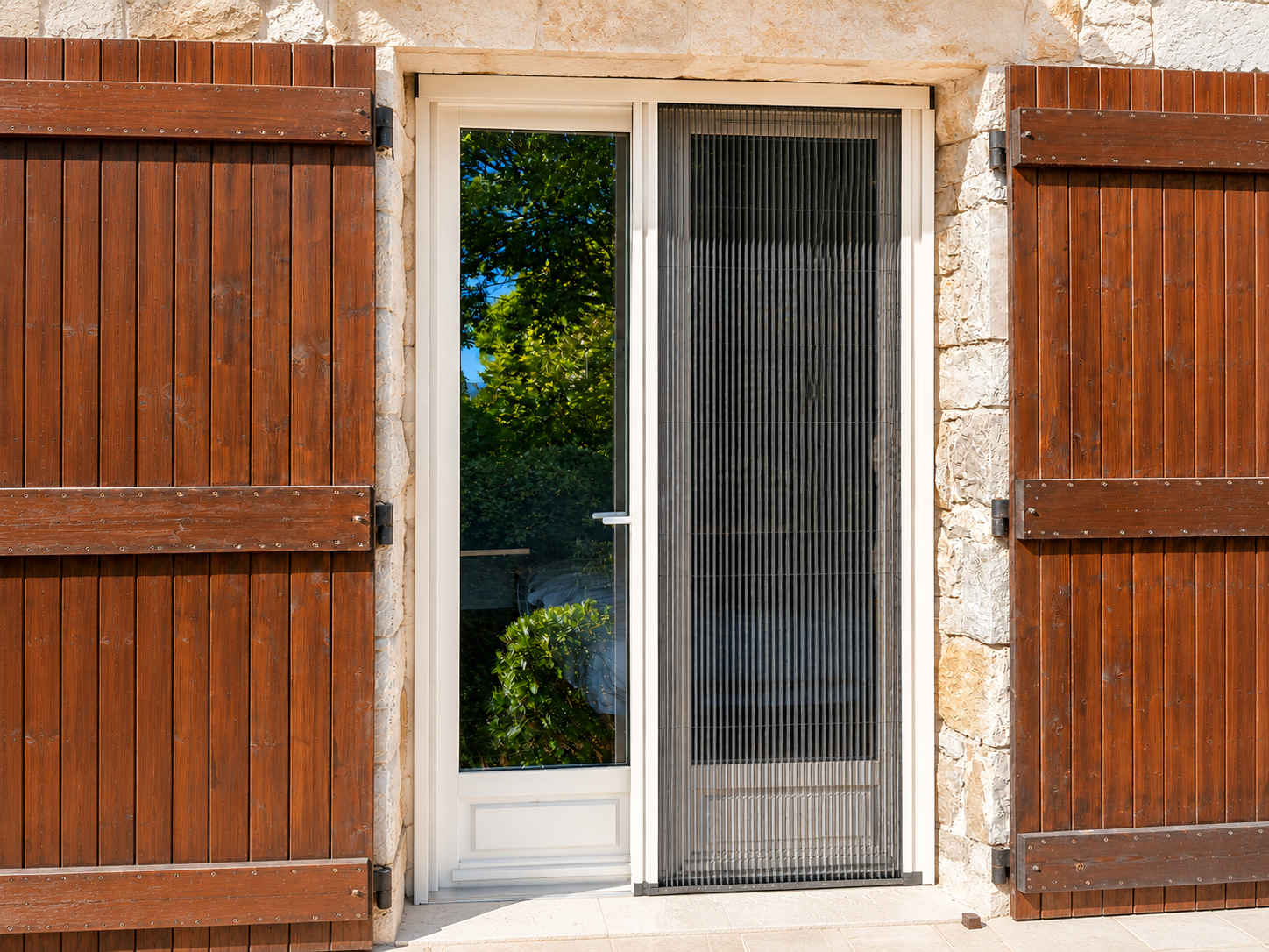 Moustiquaire latéral couleur crème, porte fenetre, mur en pierre, volet battant en bois
