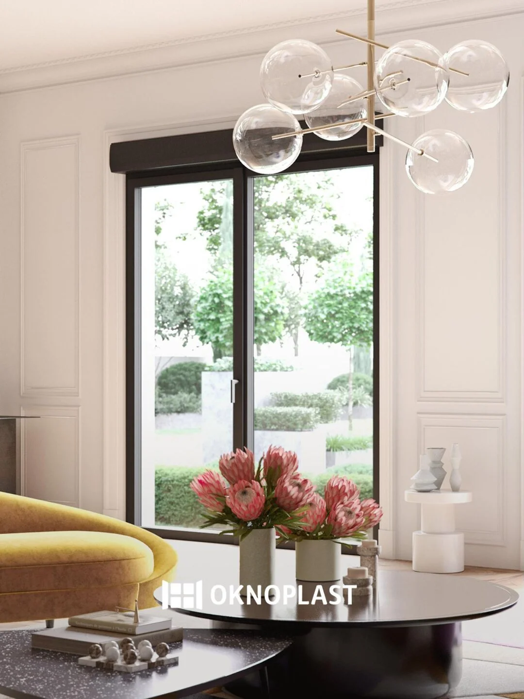 Porte-fenêtre PVC noire Oknoplast dans un salon élégant — Miroiterie Menuiserie Mellin, Tourrettes