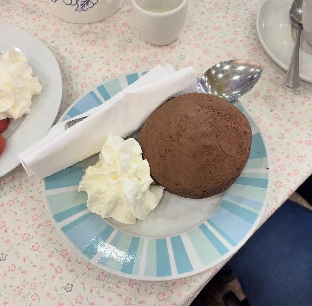 A plate of chocolate cake with whipped cream and a side of fresh strawberries and whipped cream on a floral tablecloth.