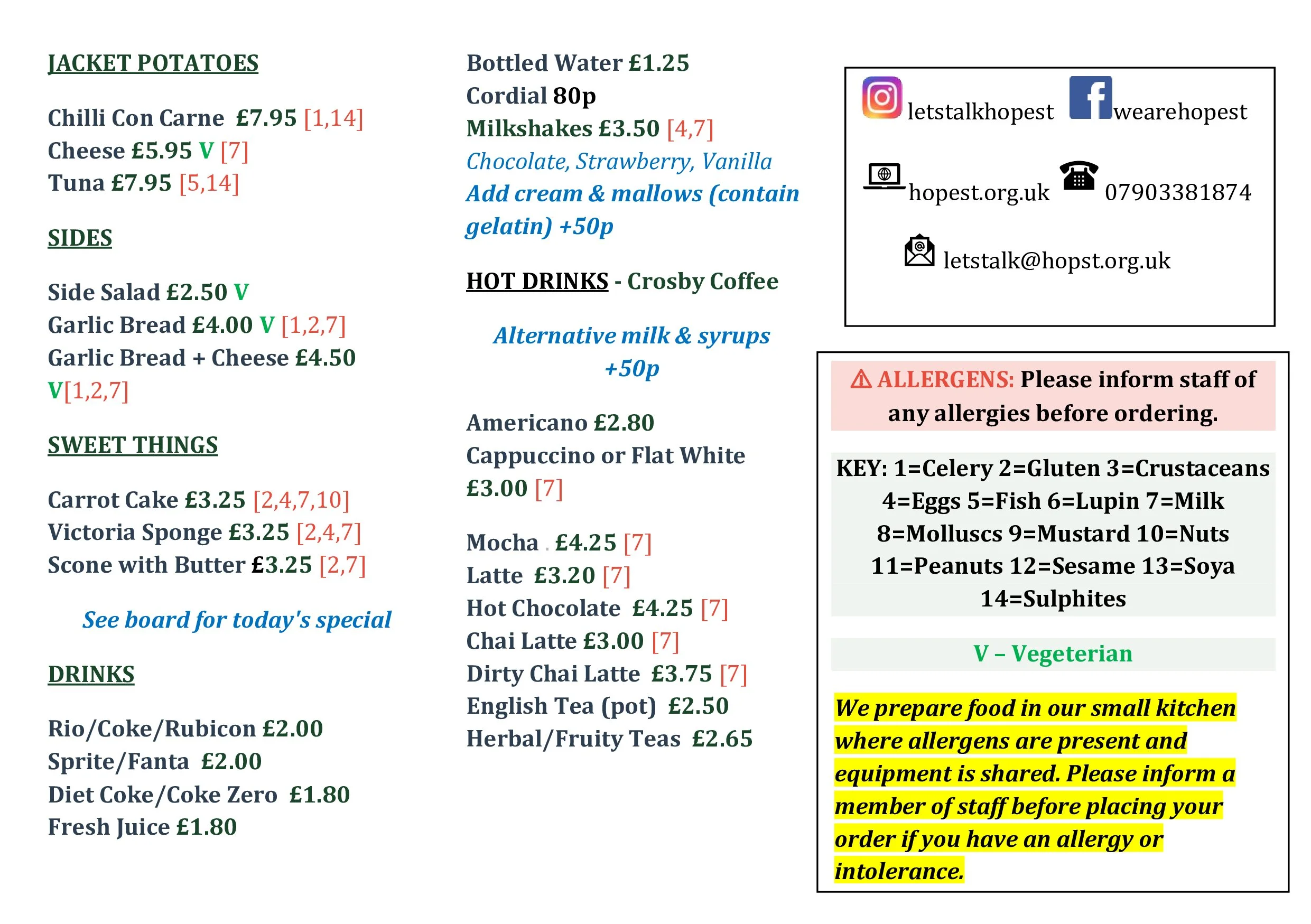 A menu with food and drink options, prices, and allergy information, including sections for jacket potatoes, sides, sweet things, drinks, and beverages, as well as contact details and social media links.