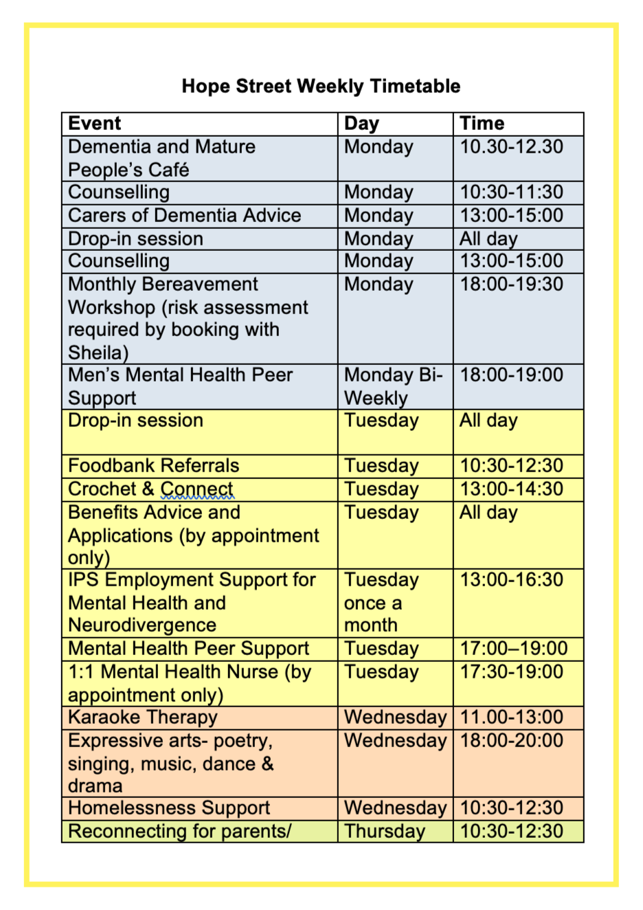 Hope Street Weekly Timetable with events, days, and times listed in a table, including support groups, workshops, and activities for community members.