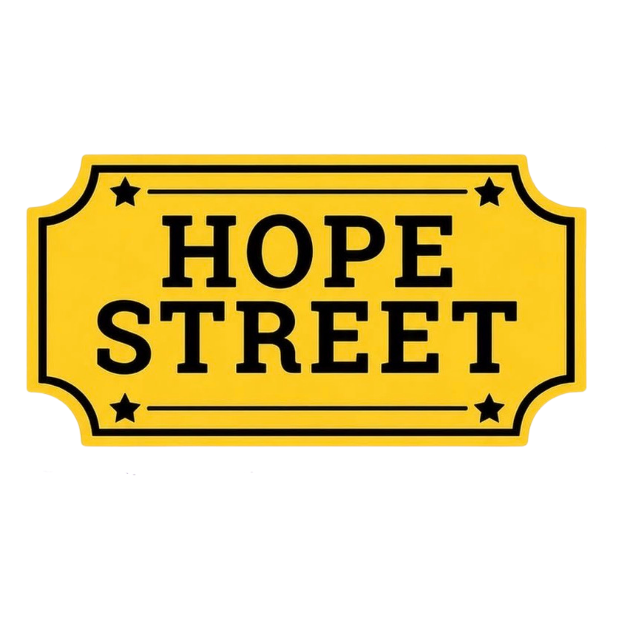 Yellow street sign with black border reads 'Hope Street' in bold black letters, decorated with small black stars.