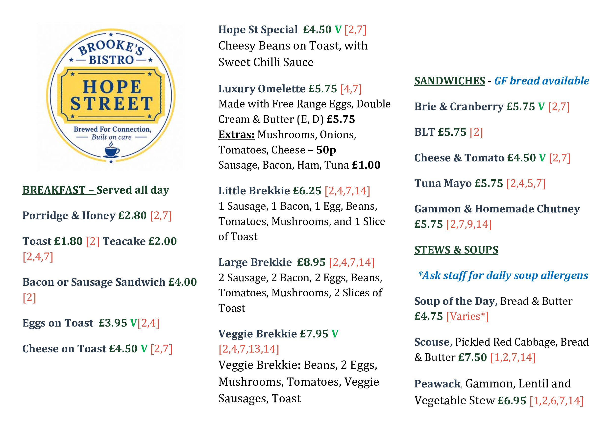A restaurant menu featuring various breakfast items, sandwiches, soups, and specials, with prices and allergen information.