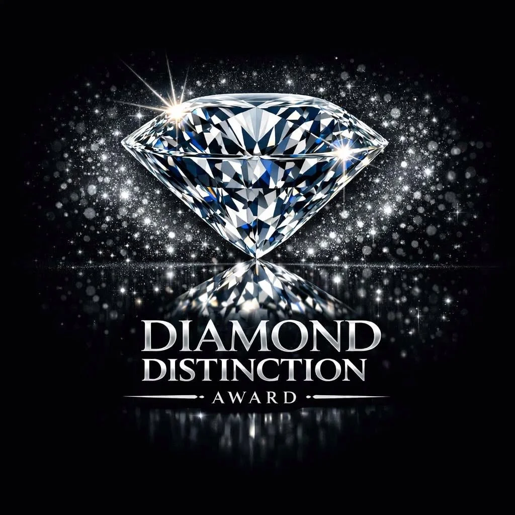A large, sparkling diamond with reflections and glare, accompanied by the text 'Diamond Distinction Award' on a black background with glittering light effects.