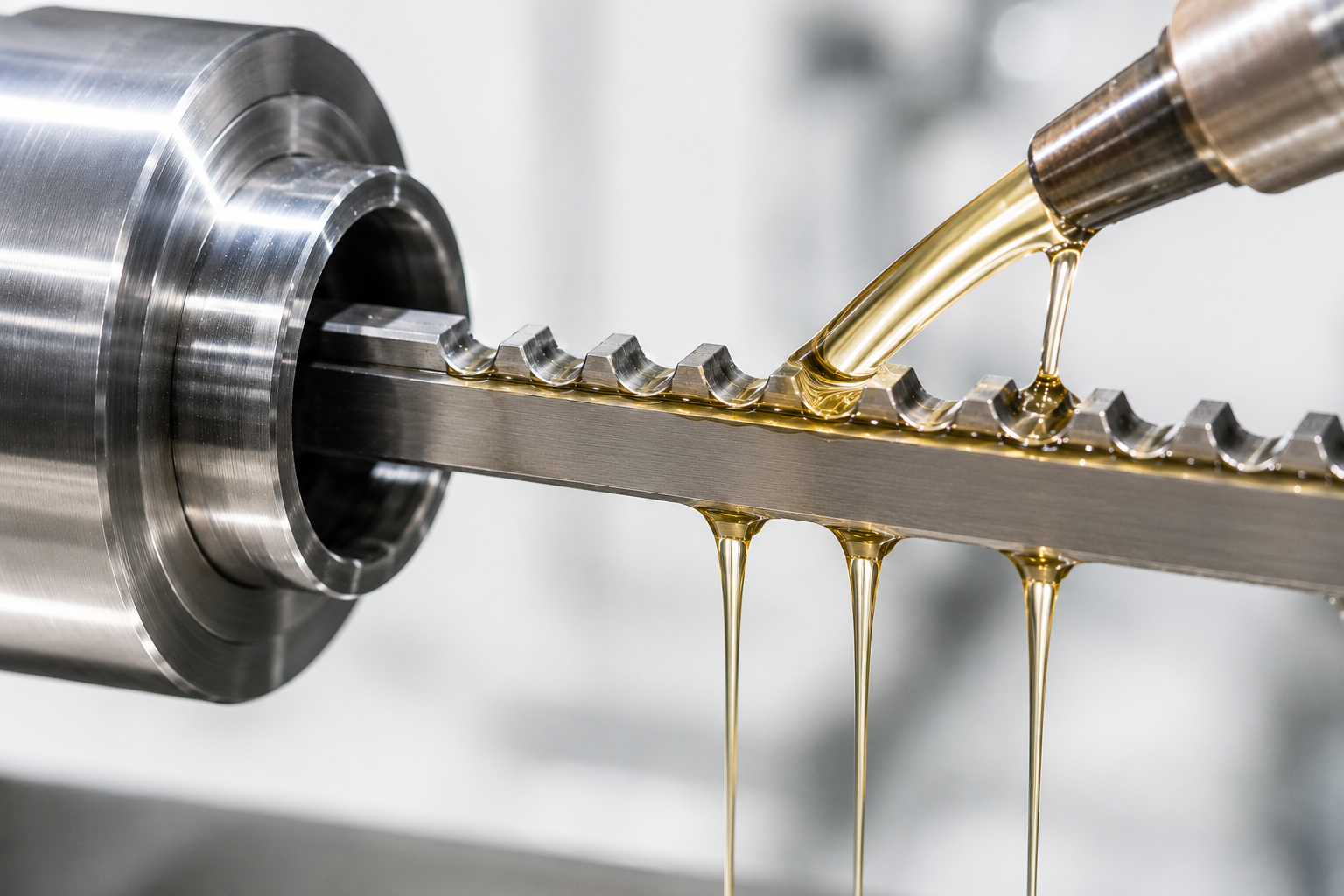 Keyway broach cutting a precision slot in a metal part with cutting oil during the broaching process.